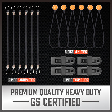 31-piece heavy duty bungee cord set with color-coded cords, plastic coated steel hooks, tarp clips, cable ties, and mini ball ties for versatile outdoor use