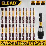 ELEAD 21-piece hex bit set with magnetic tips, made from durable S2 alloy steel for impact resistance and precision in heavy-duty applications.