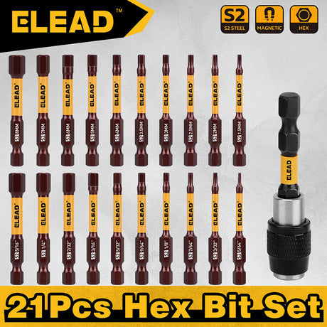 ELEAD 21-piece hex bit set with magnetic tips, made from durable S2 alloy steel for impact resistance and precision in heavy-duty applications.