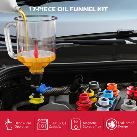17-piece engine oil funnel kit with colour-coded adapters, magnetic tray and leak-proof 1.5L funnel for easy vehicle oil changes