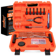 108-piece heavy duty tire repair kit with T-handle tools, pliers, utility knife, and tire plugs in a bright orange case"