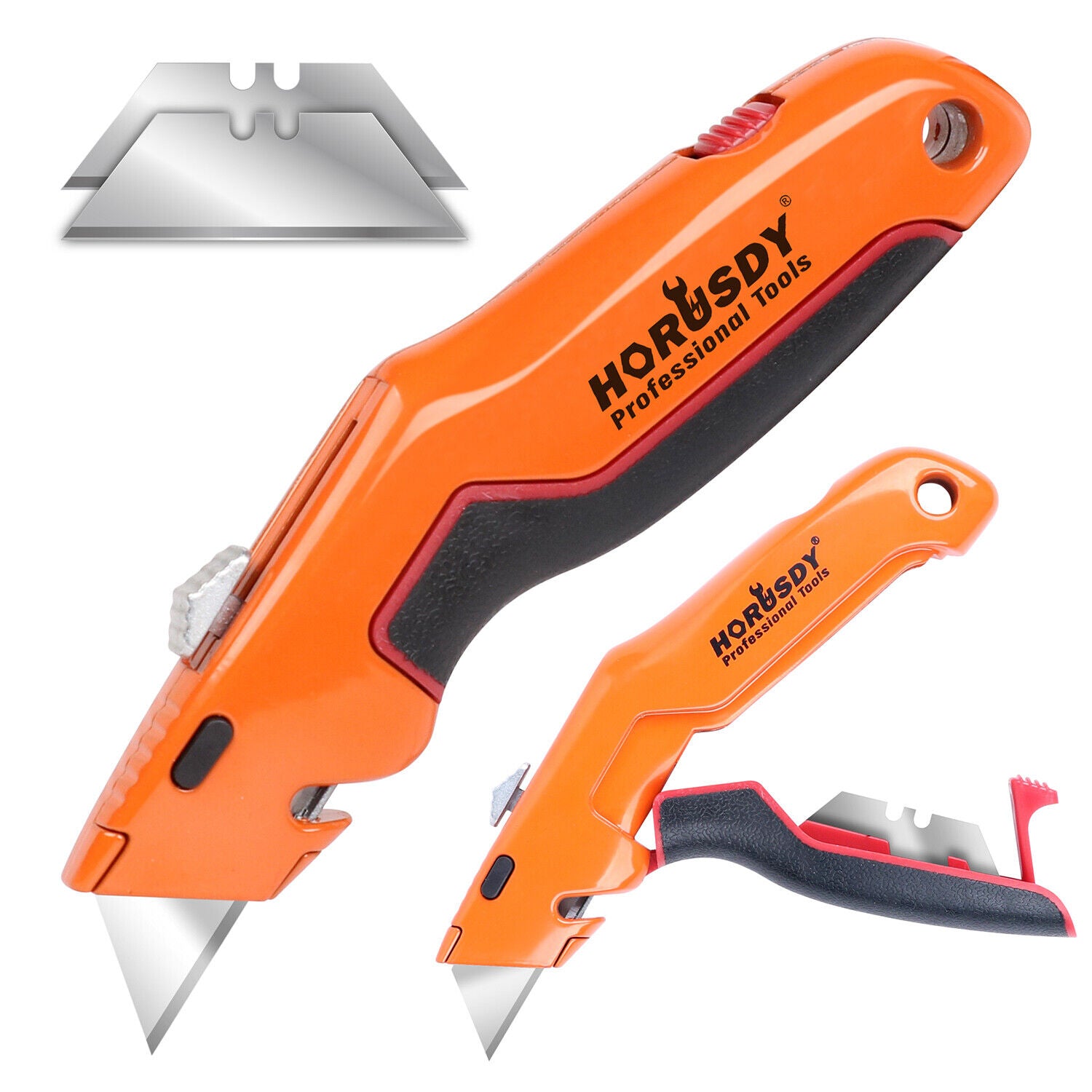 HORUSDY box cutter utility knife with retractable blade, zinc-alloy body, TPR handle, and quick-change blade system for heavy-duty cutting tasks.