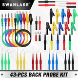 SWANLAKE 43-piece back probe test lead kit with silicone wires, multicolour probe pins, alligator clips, and banana plug connectors for diagnostic testing.