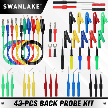 SWANLAKE 43-piece back probe test lead kit with silicone wires, multicolour probe pins, alligator clips, and banana plug connectors for diagnostic testing.