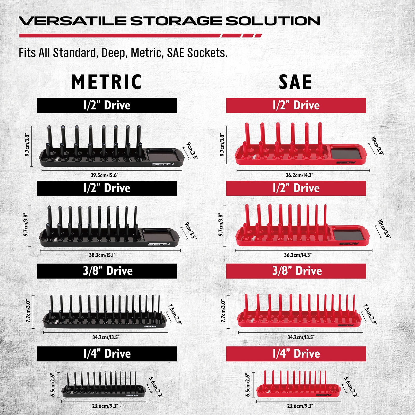 SEDY 8-Piece Magnetic Socket Organizer Tray Set in red and black, displaying various sizes for metric and SAE sockets