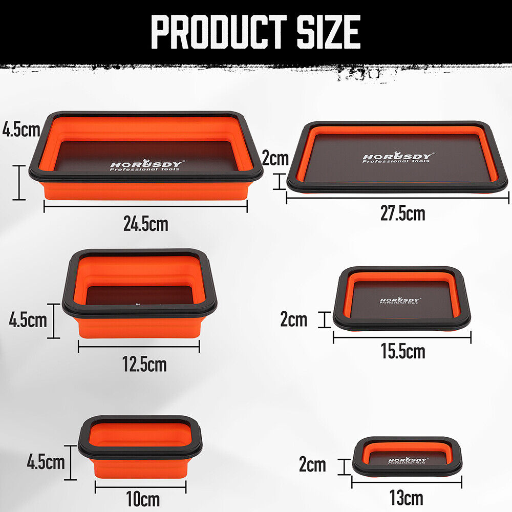  Orange and black HORUSDY magnetic parts tray set in three sizes for tool organization and storage.