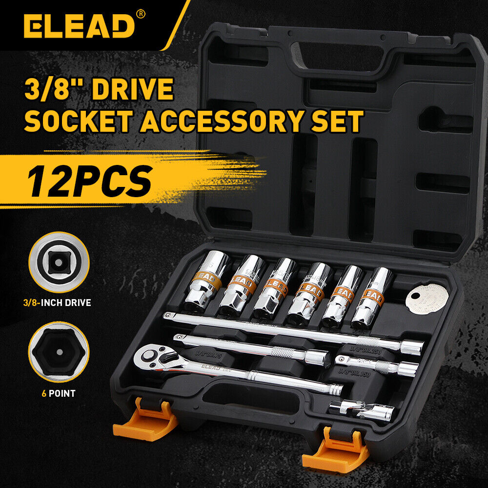 12-piece 3/8" drive socket accessory set with CR-V steel, 6-point design, includes extension bars, universal joint, spark plug gapper, and ratchet handle.