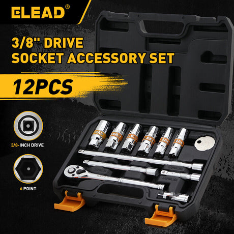 12-piece 3/8" drive socket accessory set with CR-V steel, 6-point design, includes extension bars, universal joint, spark plug gapper, and ratchet handle.