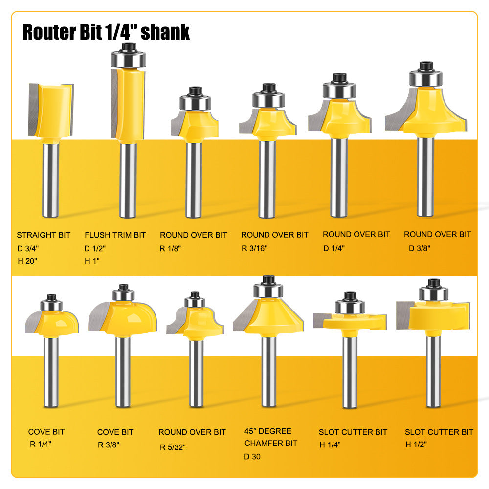 24-piece 1/4 inch shank router bits set in wooden storage case with straight, flush trim, round over, cove, chamfer, dovetail, mortising, slot cutter and grooving bits for woodworking
