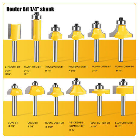 24-piece 1/4 inch shank router bits set in wooden storage case with straight, flush trim, round over, cove, chamfer, dovetail, mortising, slot cutter and grooving bits for woodworking