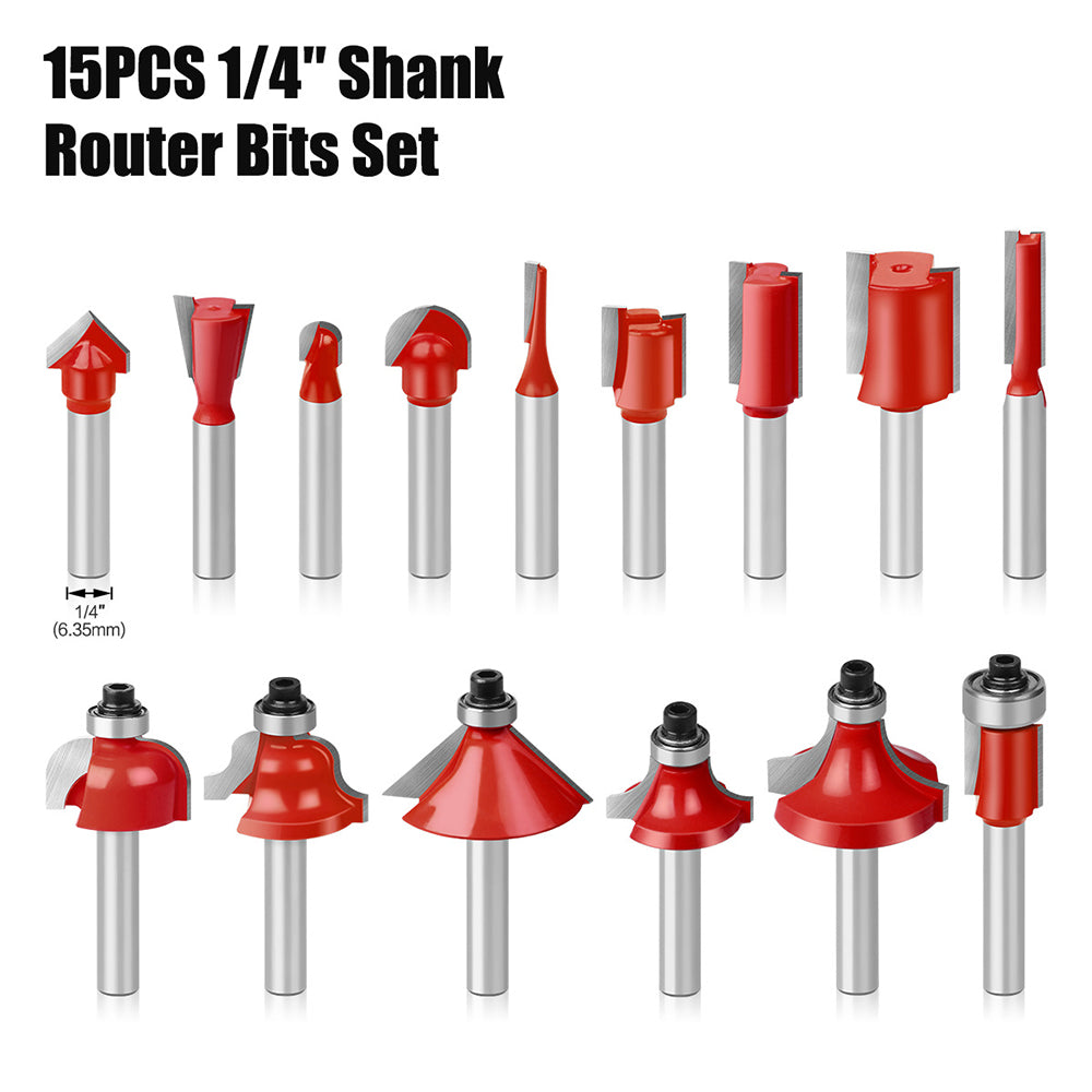 15-piece 1/4 inch shank router bit set in wooden storage case with straight, dovetail, cove, cove box, Roman ogee, corner round, chamfer, mortising and V-slot bits for woodworking
