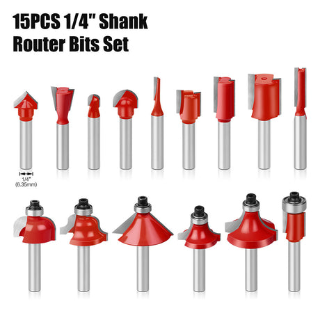 15-piece 1/4 inch shank router bit set in wooden storage case with straight, dovetail, cove, cove box, Roman ogee, corner round, chamfer, mortising and V-slot bits for woodworking