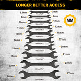 19-piece super-thin open end wrench set with 3mm slim profile, SAE and metric sizes, chrome vanadium steel construction, four-point open ends, and rolling tool pouch
