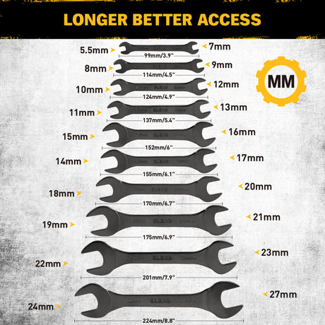 19-piece super-thin open end wrench set with 3mm slim profile, SAE and metric sizes, chrome vanadium steel construction, four-point open ends, and rolling tool pouch