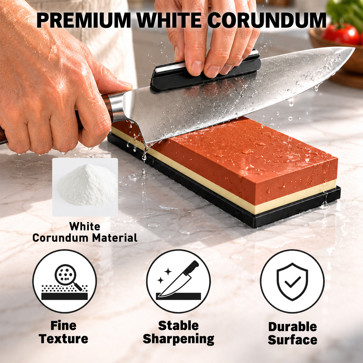 12-piece knife sharpening stone kit with 400/1000 and 3000/8000 grit whetstones, bamboo base, angle guide, honing guide, flattening stone, leather strop, green polishing compound and cut resistant gloves
