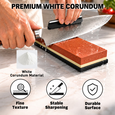 12-piece knife sharpening stone kit with 400/1000 and 3000/8000 grit whetstones, bamboo base, angle guide, honing guide, flattening stone, leather strop, green polishing compound and cut resistant gloves