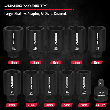11Pcs Metric Deep Impact Socket Set with Adapter for High-Torque Wheel Axle Nut Wrench Tasks