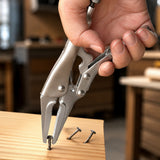 9.5-inch long nose locking pliers made of CR-MO steel with adjustable tension screw, quick release trigger and long narrow jaws