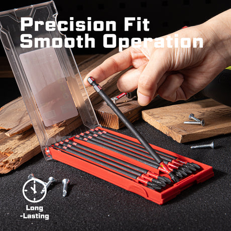 10-piece 6-inch PH2 impact power bit set made from heat-treated S2 alloy steel with magnetic CNC-machined tips, extended torsion zones and a storage case for impact drivers, drills, woodworking and repair tasks.