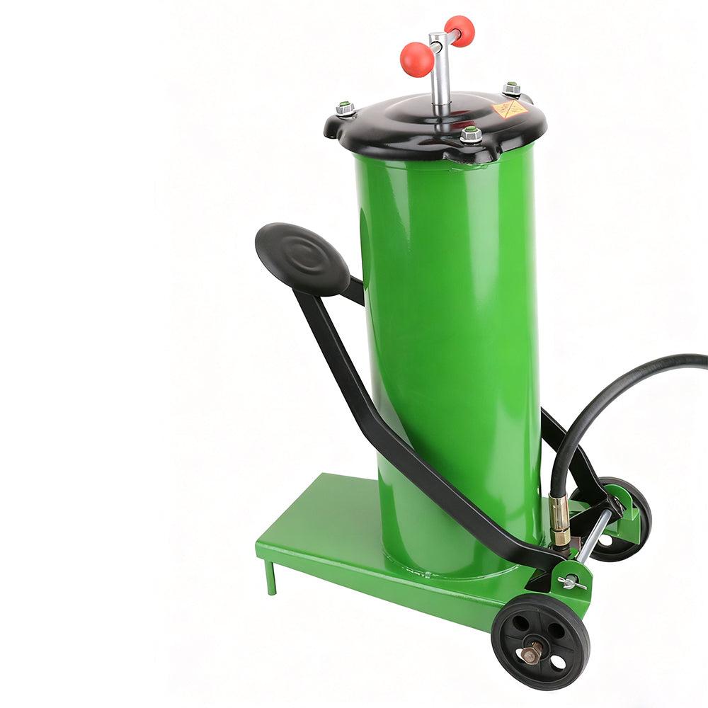 8L green foot-operated grease injector with reinforced hose and metal grease nozzle
