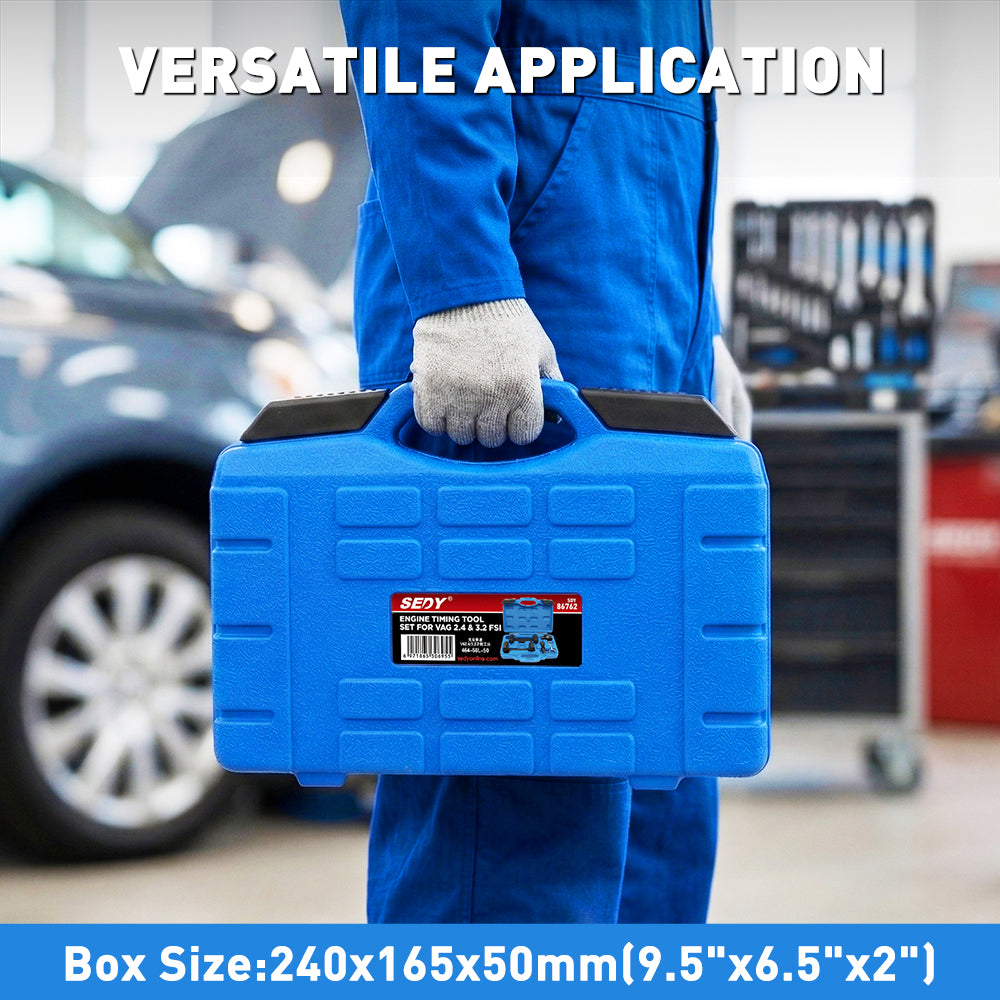 5-piece engine timing tool kit for VAG 2.4 and 3.2 FSI engines with camshaft locking tools, tensioner pin, and storage case for Audi and Volkswagen timing chain service