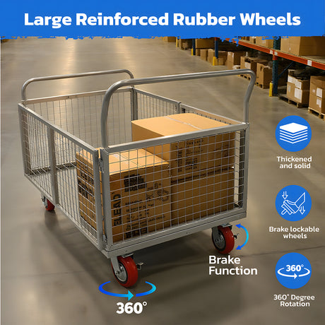 4-in-1 foldable blue caged platform trolley, 450kg load, heavy-duty steel cart with braked castors, flatbed warehouse and workshop cart AU