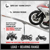 folding aluminum motorcycle loading ramp  with 230cm length, perforated anti-slip surface, centre support beam, soft-tipped loading points and safety straps for motorcycles, ATVs, dirt bikes, scooters and light equipment loading