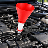 3-in-1 hands-free automotive oil funnel with adjustable clamp holder and transparent extension tube for engine oil changes and fluid filling