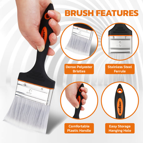 2 inch and 3 inch flat paint brush set with polyester bristles, stainless steel ferrule and plastic handle for paints, stains, acrylics and DIY projects