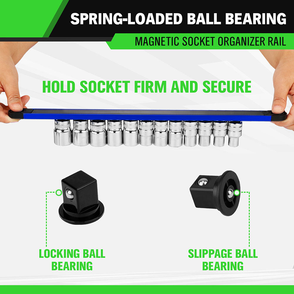 4-piece magnetic socket and bit organizer kit with aluminum rails, rotating clips and strong magnetic base for tool storage