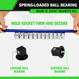4-piece magnetic socket and bit organizer kit with aluminum rails, rotating clips and strong magnetic base for tool storage