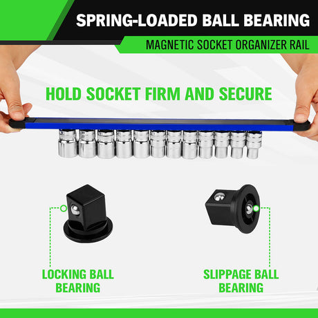 4-piece magnetic socket and bit organizer kit with aluminum rails, rotating clips and strong magnetic base for tool storage