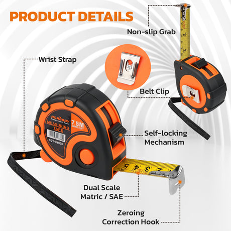 25FT 7.5M self-locking measuring tape with dual scale, belt clip, wrist strap, carbon steel blade and ABS rubber case