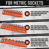 3-piece magnetic socket organizer set with 75 slots, orange metric socket holders for 1/4, 3/8 and 1/2 inch drive sockets, suitable for toolboxes and workshop storage.