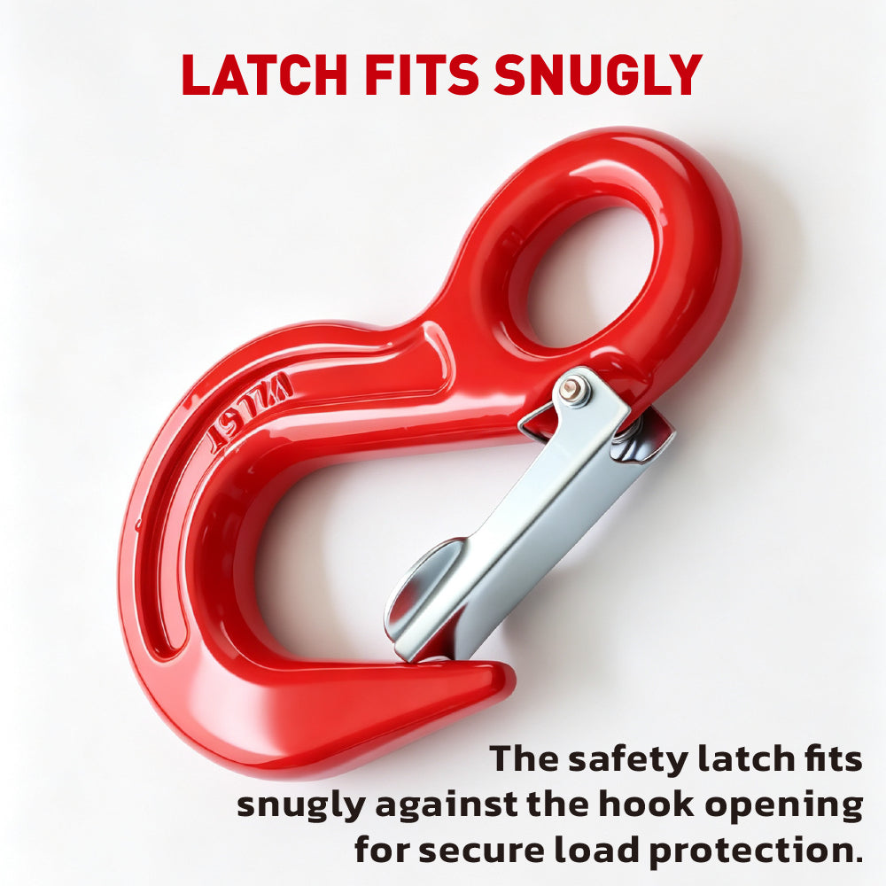 heavy-duty eye lifting hook with safety latch and red powder-coated finish for chain rigging, hoisting and material handling