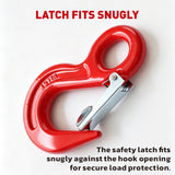 heavy-duty eye lifting hook with safety latch and red powder-coated finish for chain rigging, hoisting and material handling