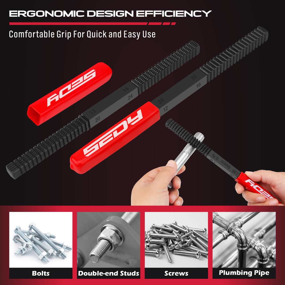 3-piece thread repair file set with metric and inch thread chasers for restoring damaged threads on bolts, studs, screws and pipes