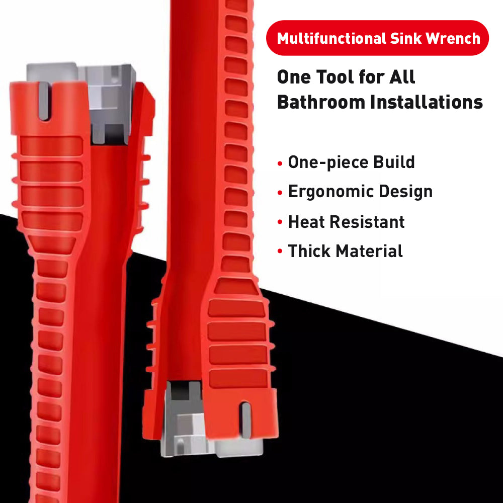 Red 8-in-1 sink wrench and faucet installer tool with adapters for under sink plumbing, basin nuts, valves and supply lines