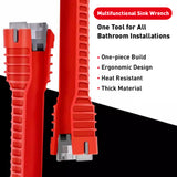 Red 8-in-1 sink wrench and faucet installer tool with adapters for under sink plumbing, basin nuts, valves and supply lines