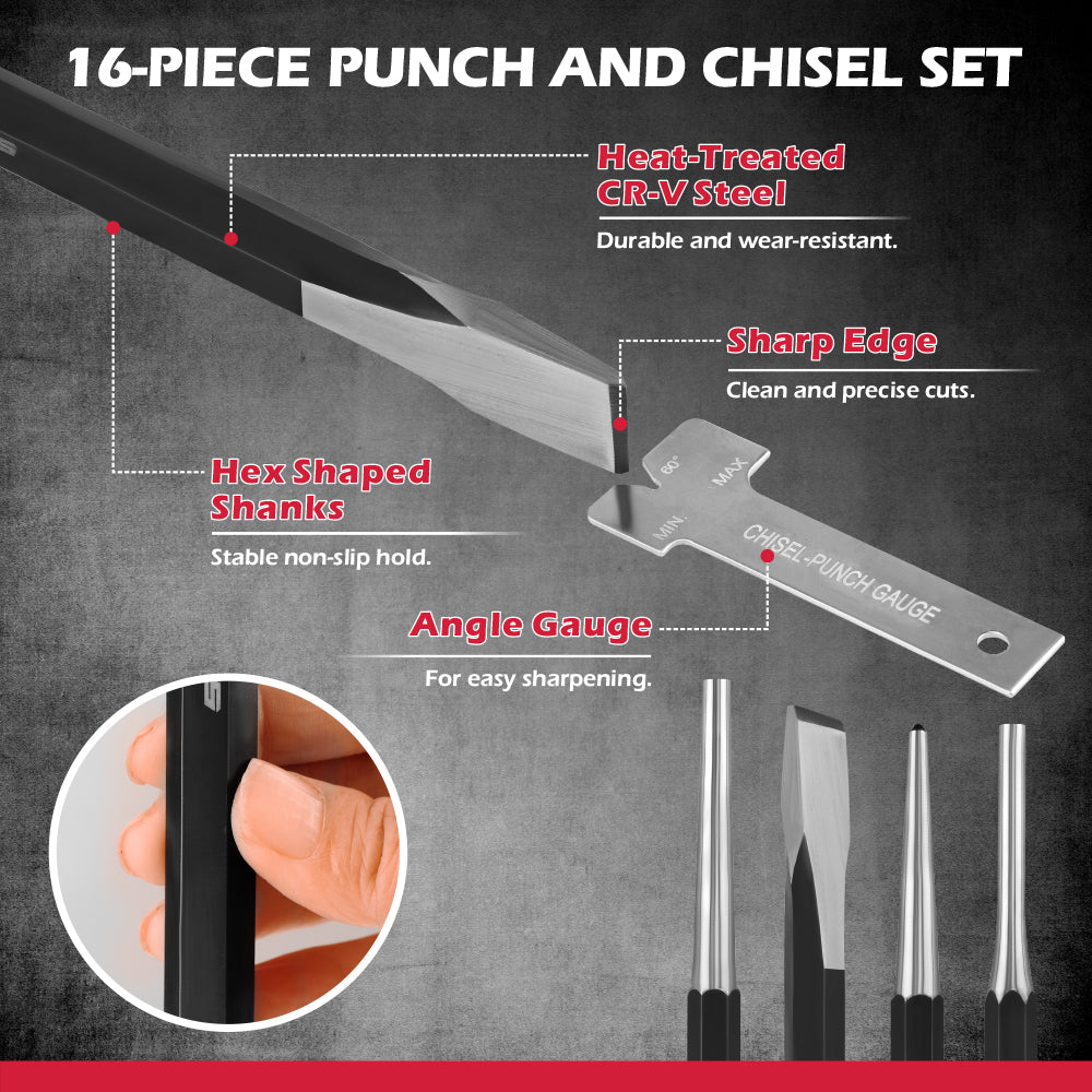 25-piece roll pin punch and punch and chisel set with CR-V steel tools, angle gauge, roll-up storage pouches and gift box