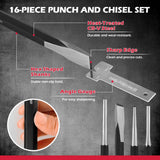 25-piece roll pin punch and punch and chisel set with CR-V steel tools, angle gauge, roll-up storage pouches and gift box