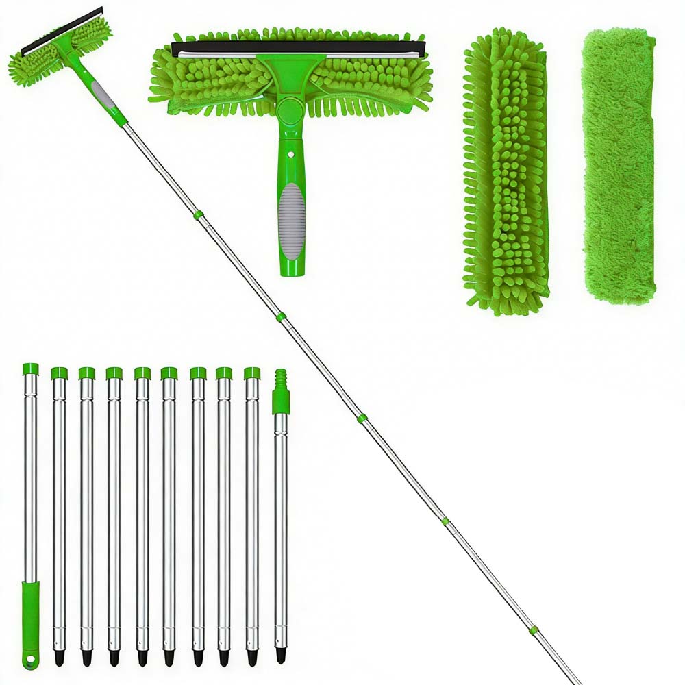 SEDY 2-in-1 Window Squeegee Cleaning Kit with Extendable Pole, Rotating Head and Replaceable Microfiber Covers