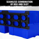 Robust Wall Mounted Bins Rack featuring 8 orange stackable plastic storage trays and 3 plastic racking, ideal for organizing small parts, tools, fishing tackle, and craft supplies. Designed to mount easily on pegboard, slot wall, or wooden studs, offering a versatile and space-saving solution for any workshop, garage, or hobby room