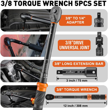 HORUSDY 3-piece click torque wrench set with 1/4, 3/8, and 1/2 inch drives, extensions, and storage case – dual scale design for accurate torque control.