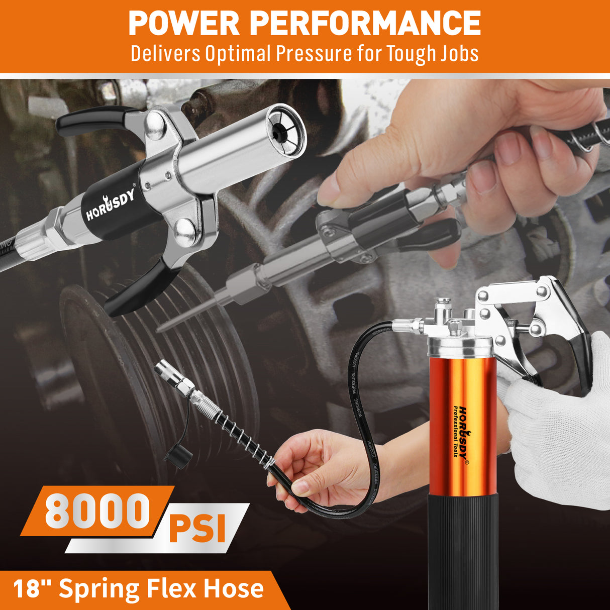 18-piece pistol grip grease gun kit with 8000 PSI pressure, flexible hose, lock coupler and multiple grease fittings
