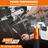 18-piece pistol grip grease gun kit with 8000 PSI pressure, flexible hose, lock coupler and multiple grease fittings