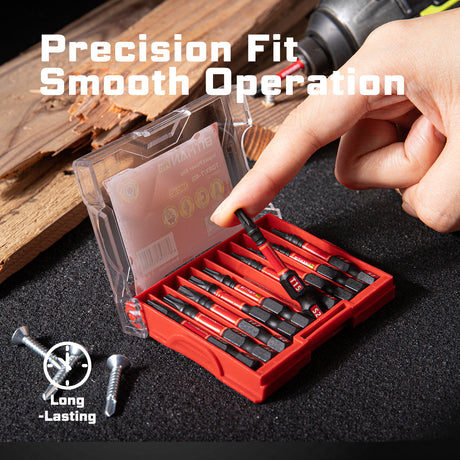 10-piece 2-inch Torx impact bit set with T7, T8, T9, T10, T15, T20, T25, T27, T30 and T40 magnetic S2 steel power bits, torsion zones and compact storage case.
