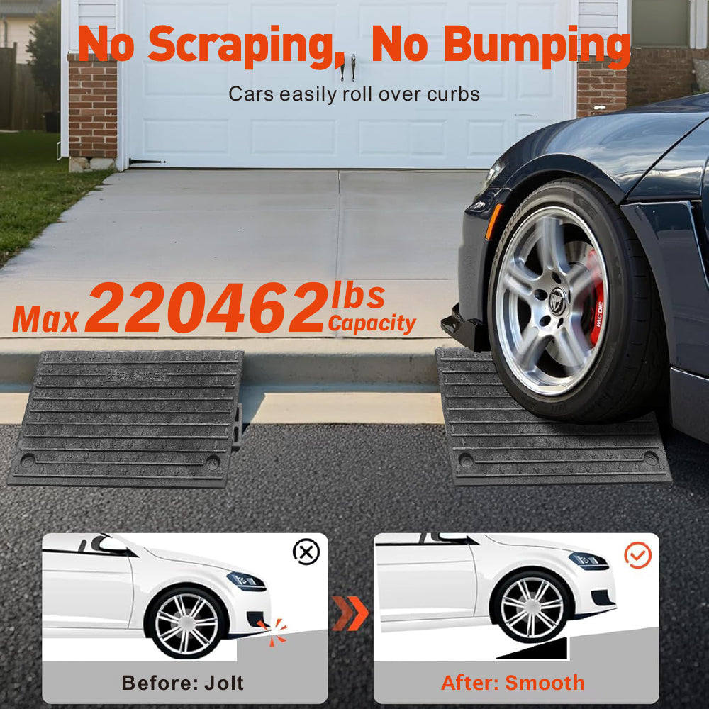 heavy duty rubber curb ramp with anti-slip angled surface, 10 ton load capacity and connectable design for driveways, doorways, cars, wheelchairs, motorcycles, trolleys, strollers