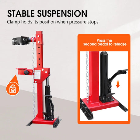 4.5 Ton hydraulic shock spring compressor with adjustable clamps and steel safety chain for car suspension and coil spring removal.