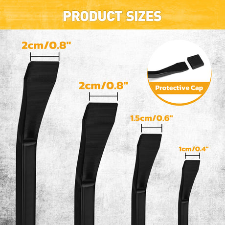4-piece heavy duty pry bar set with 8, 12, 18 and 24 inch CR-V steel pry bars, angled tips, strike caps and TPR handles